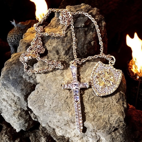 Sparkling Gold Toned Cross Sword Necklace with Shield DND Paladin - Picture 10 of 17